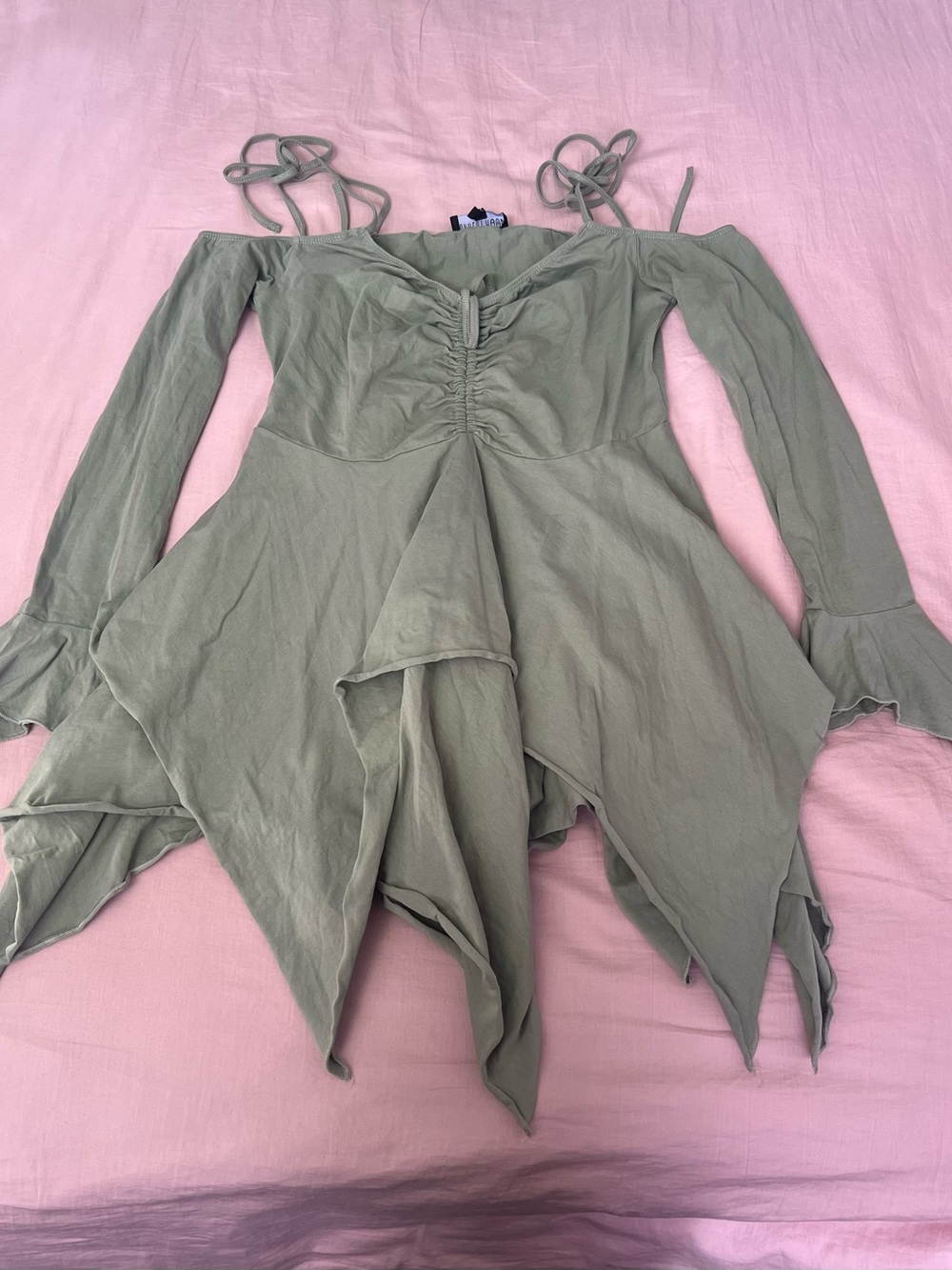 Current Mood Fairy Olive Green Asymmetrical Handkerchief Hem Dress